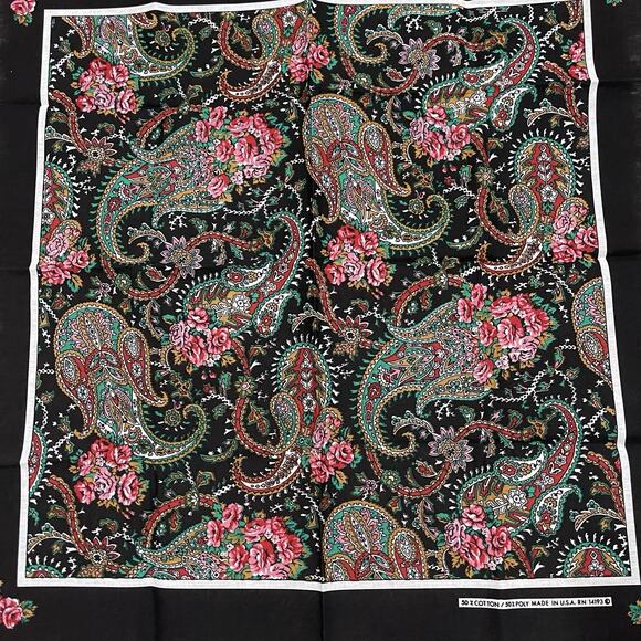 Vintage Wamcraft Bandana RN 14193 Black Pink Paisley Cottagecore Coquette 22x22 - Picture 12 of 16